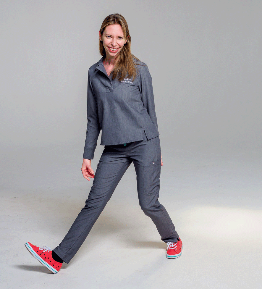 Dr. Van Eyndhoven poses silly, gif switches between several pics of her dancing and jumping. She wears watermelon shoes.